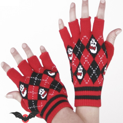 Daisy Skulls - Guantes sin dedos rojos y negros con calaveras