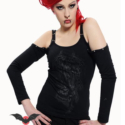 Demonic - Camiseta gotica con diablesa impresa y manguitos